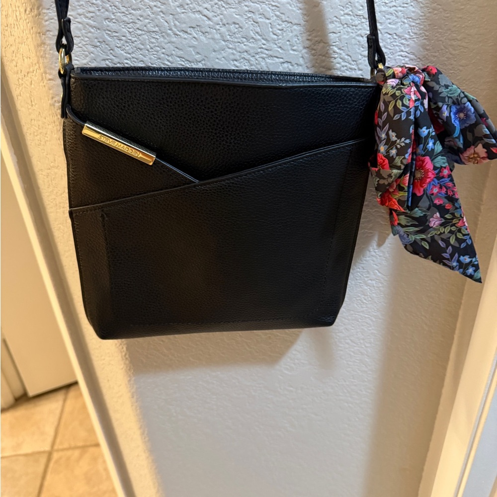 Steve Madden Black Leather Crossbody Bag with Floral Scarf Accent